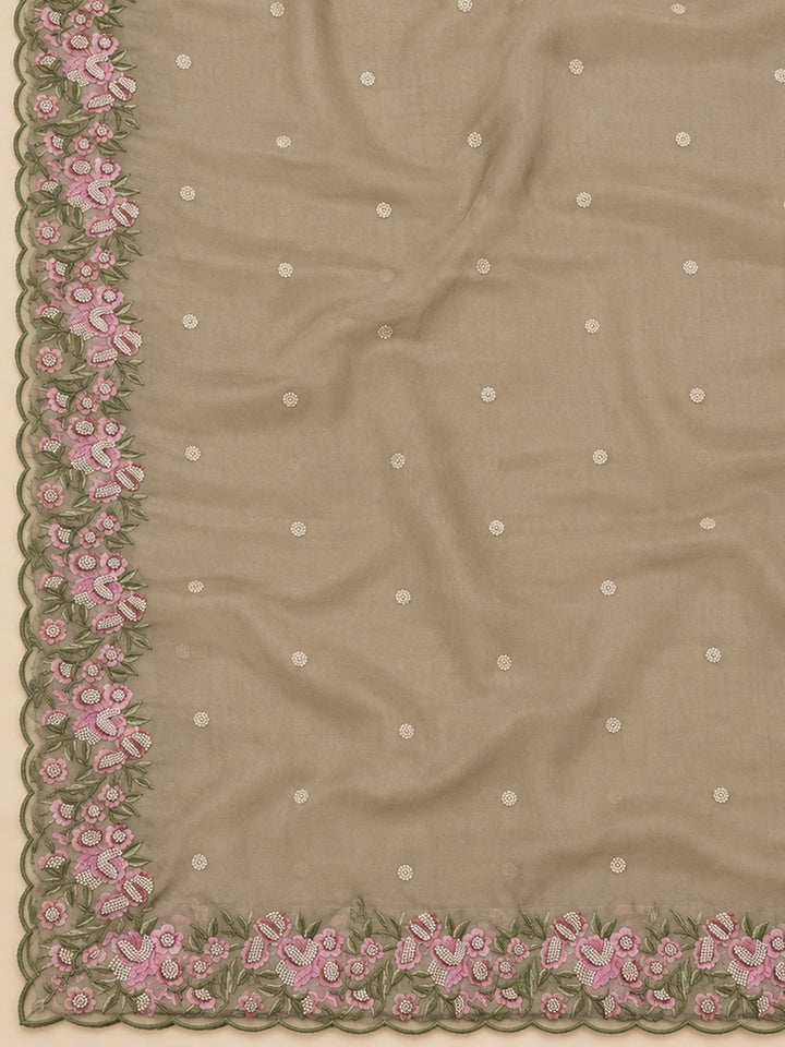 Beige Chanderi Embroidered Unstitched Dress Material