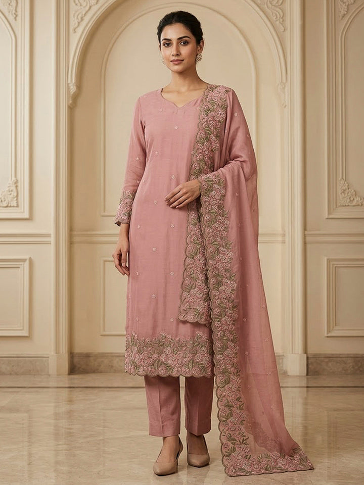 Peach Chanderi Embroidered Unstitched Dress Material