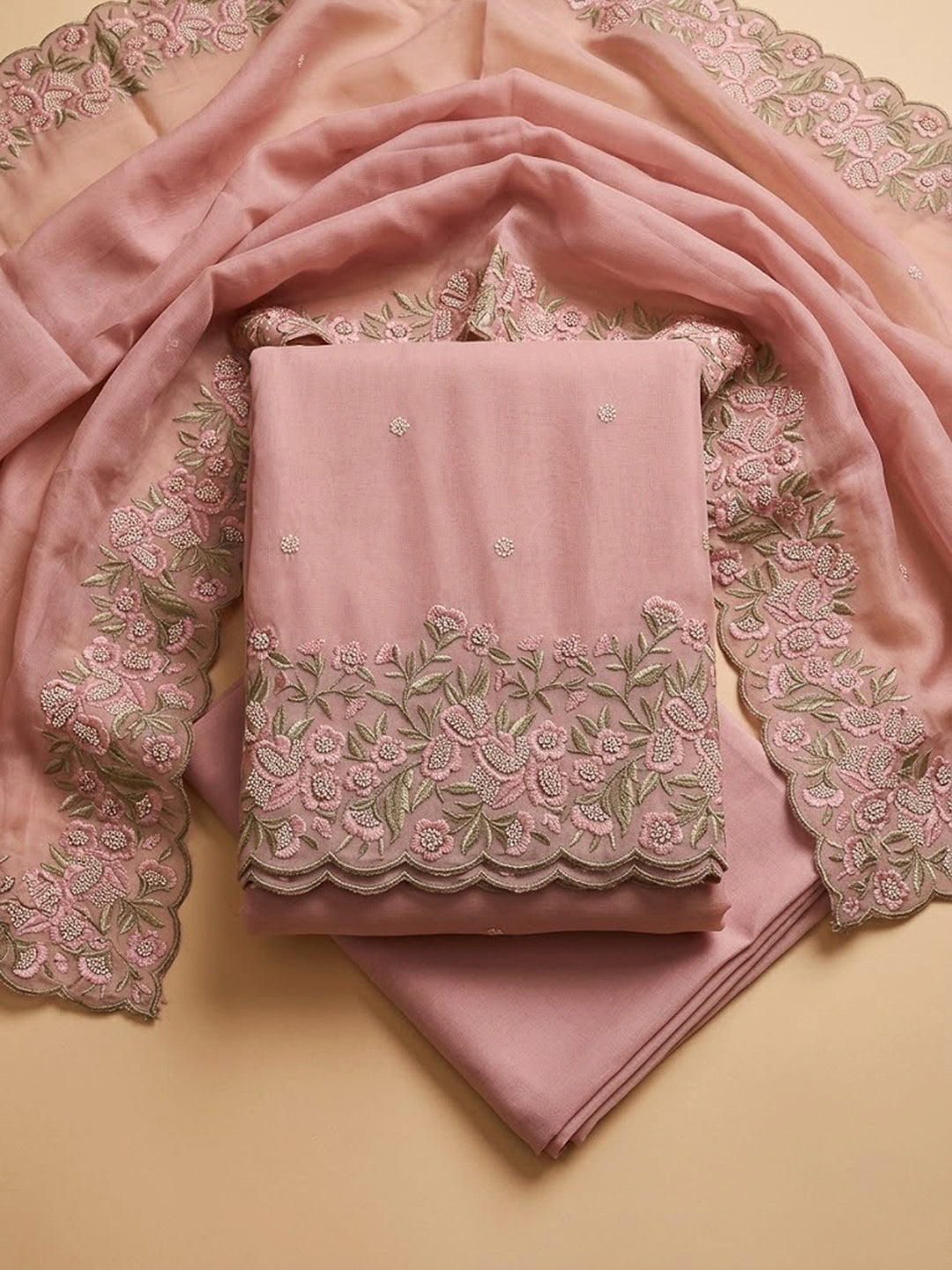 Peach Chanderi Embroidered Unstitched Dress Material