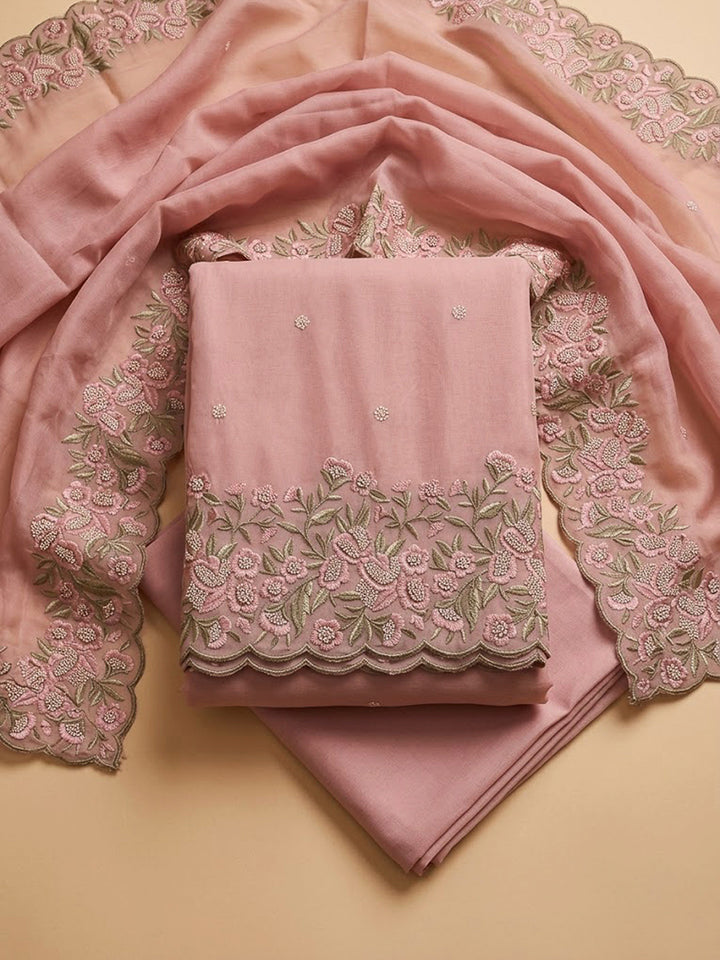 Peach Chanderi Embroidered Unstitched Dress Material