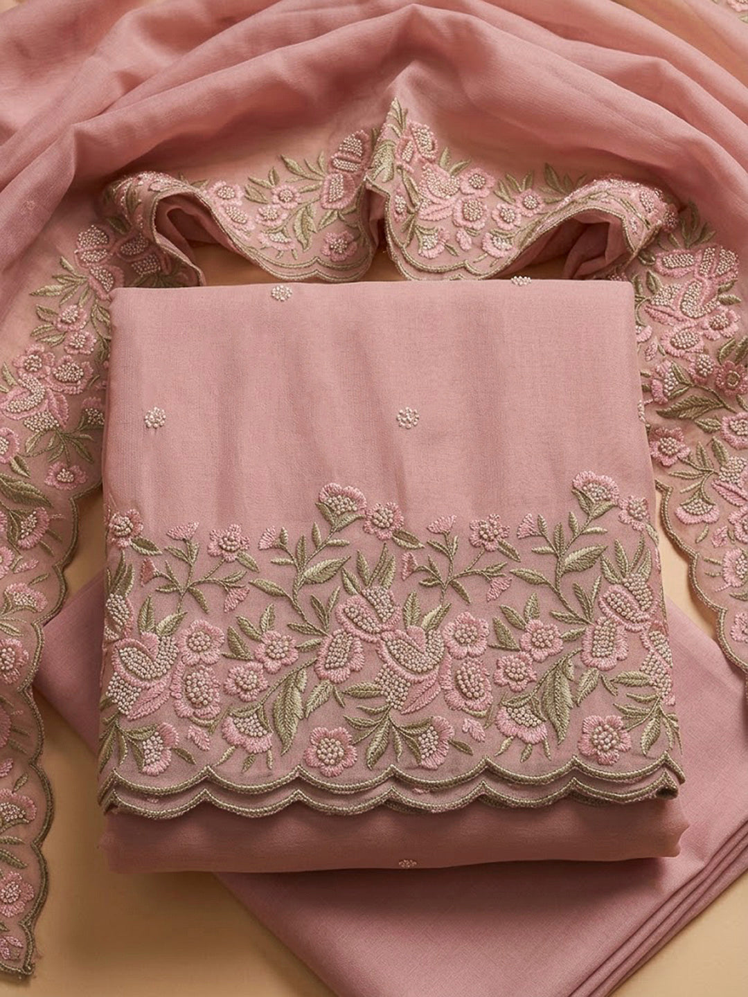 Peach Chanderi Embroidered Unstitched Dress Material