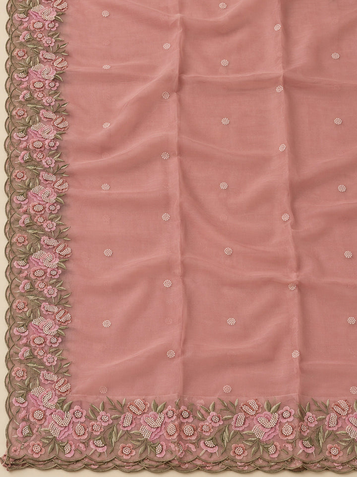 Peach Chanderi Embroidered Unstitched Dress Material