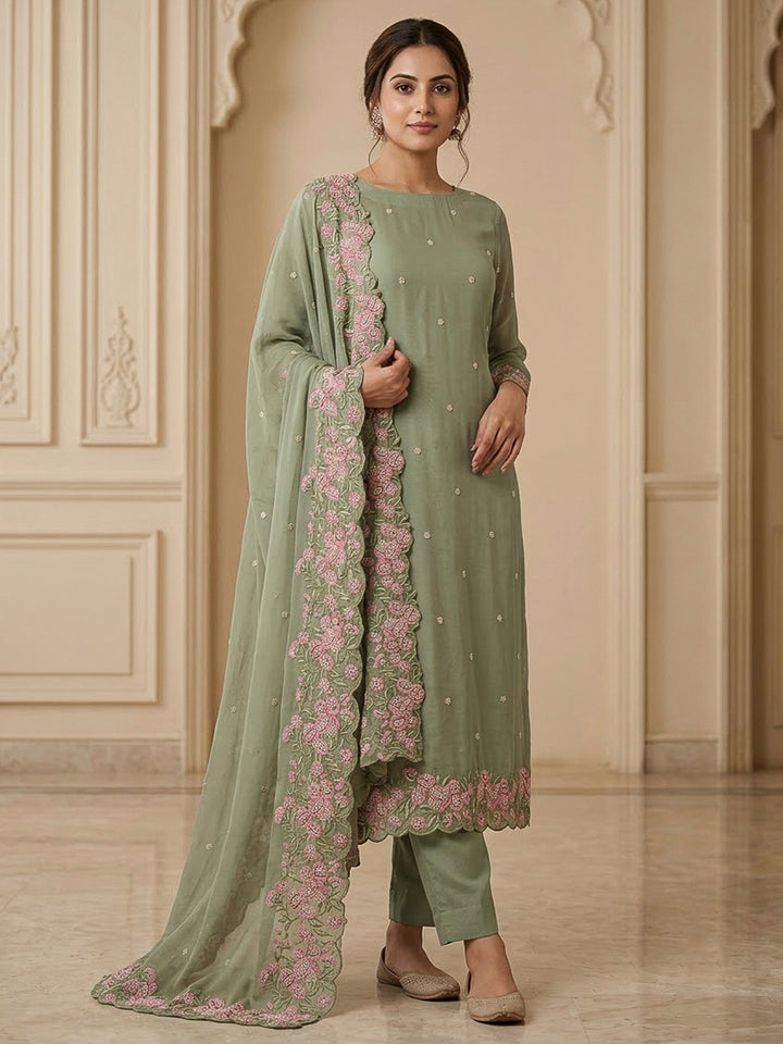 Pista Green Chanderi Embroidered Unstitched Dress Material