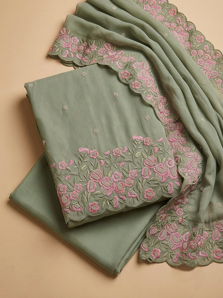 Pista Green Chanderi Embroidered Unstitched Dress Material