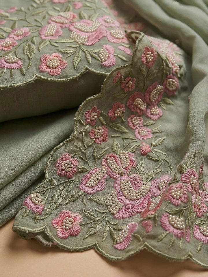 Pista Green Chanderi Embroidered Unstitched Dress Material