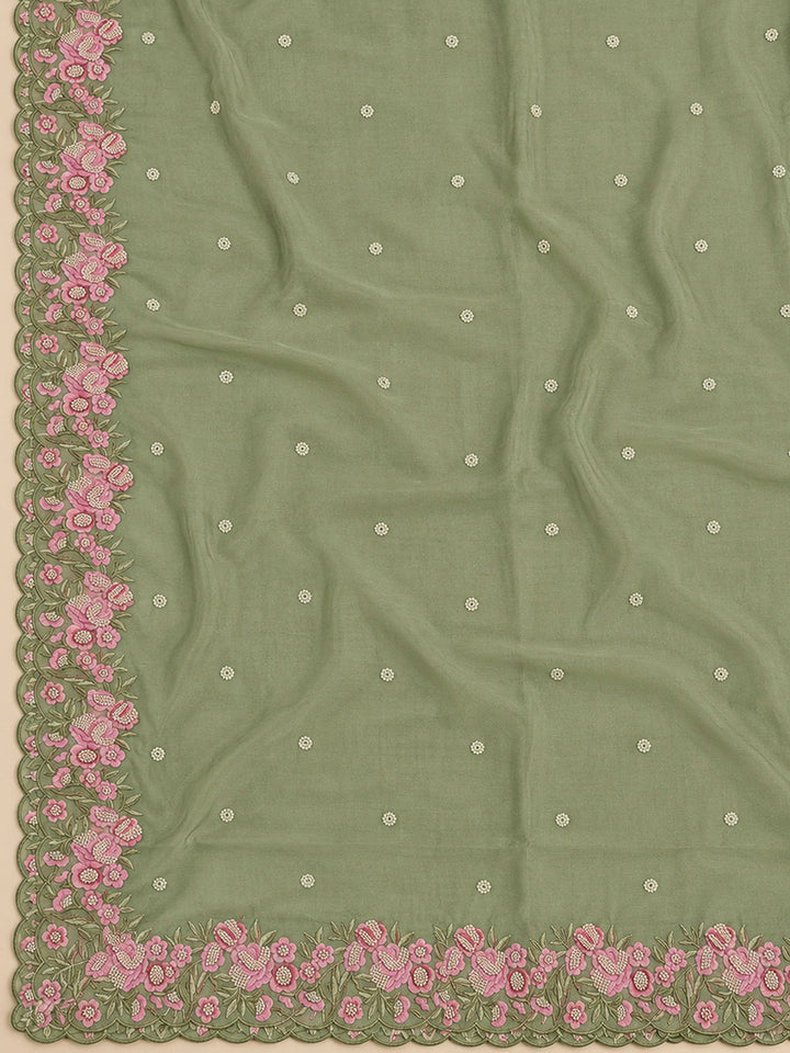 Pista Green Chanderi Embroidered Unstitched Dress Material