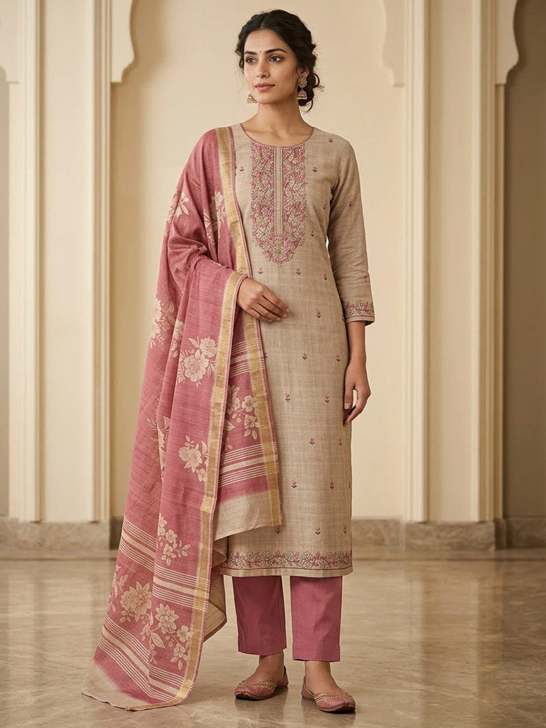 Onion Pink Tussar Embroidered Unstitched Dress Material