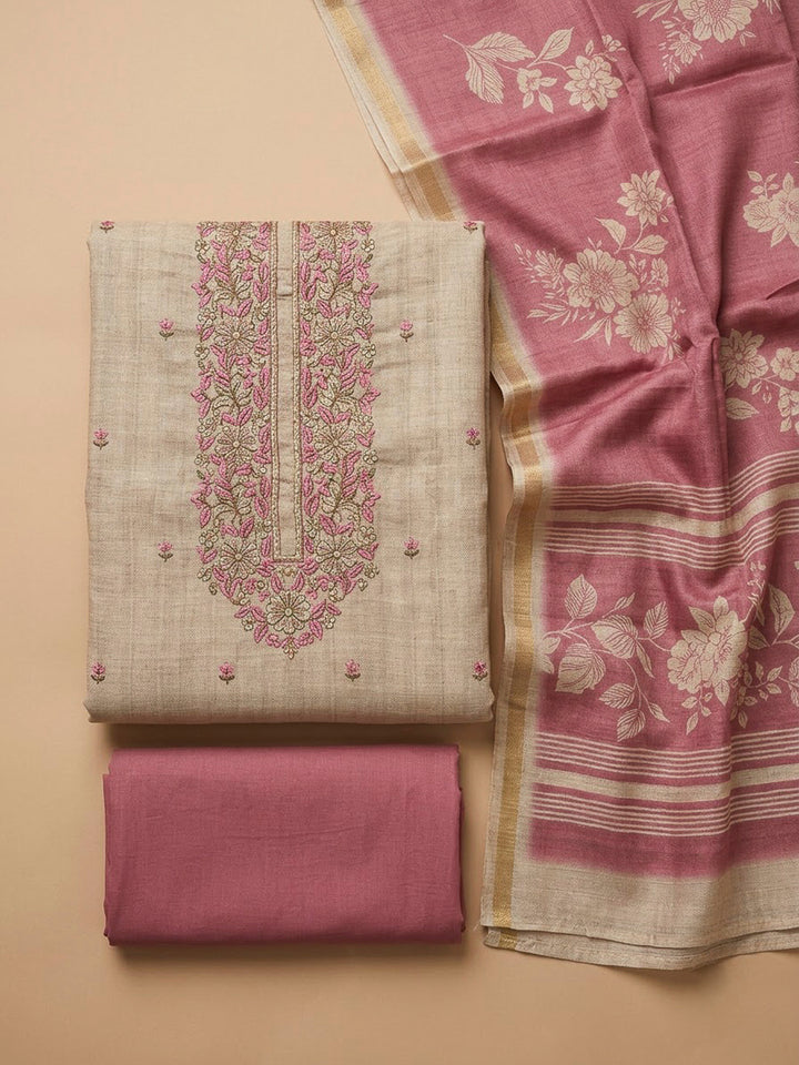 Onion Pink Tussar Embroidered Unstitched Dress Material