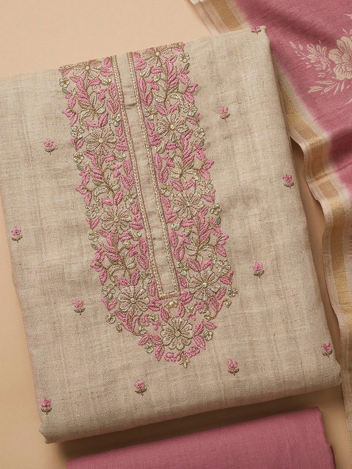 Onion Pink Tussar Embroidered Unstitched Dress Material