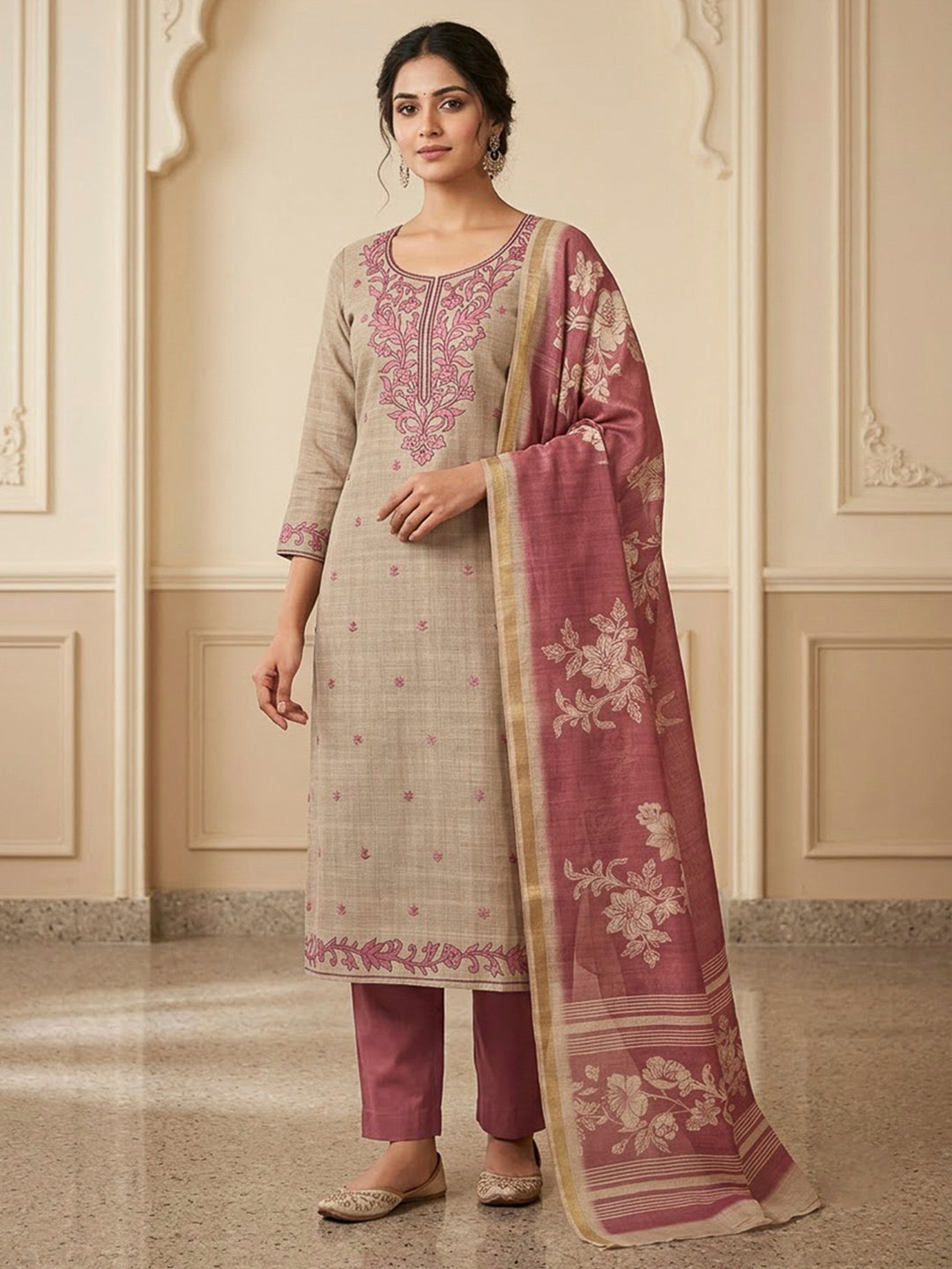 Onion Pink Tussar Embroidered Unstitched Dress Material