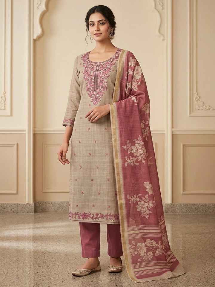 Onion Pink Tussar Embroidered Unstitched Dress Material