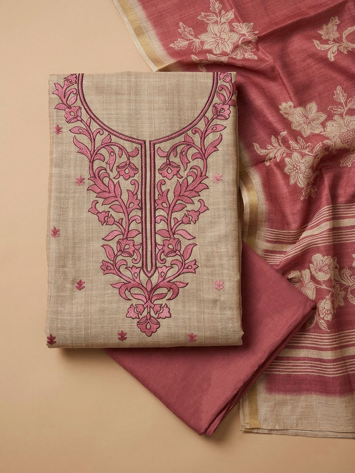 Onion Pink Tussar Embroidered Unstitched Dress Material