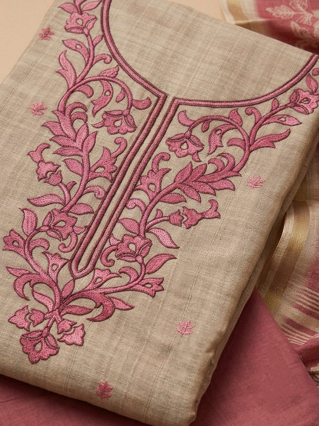 Onion Pink Tussar Embroidered Unstitched Dress Material