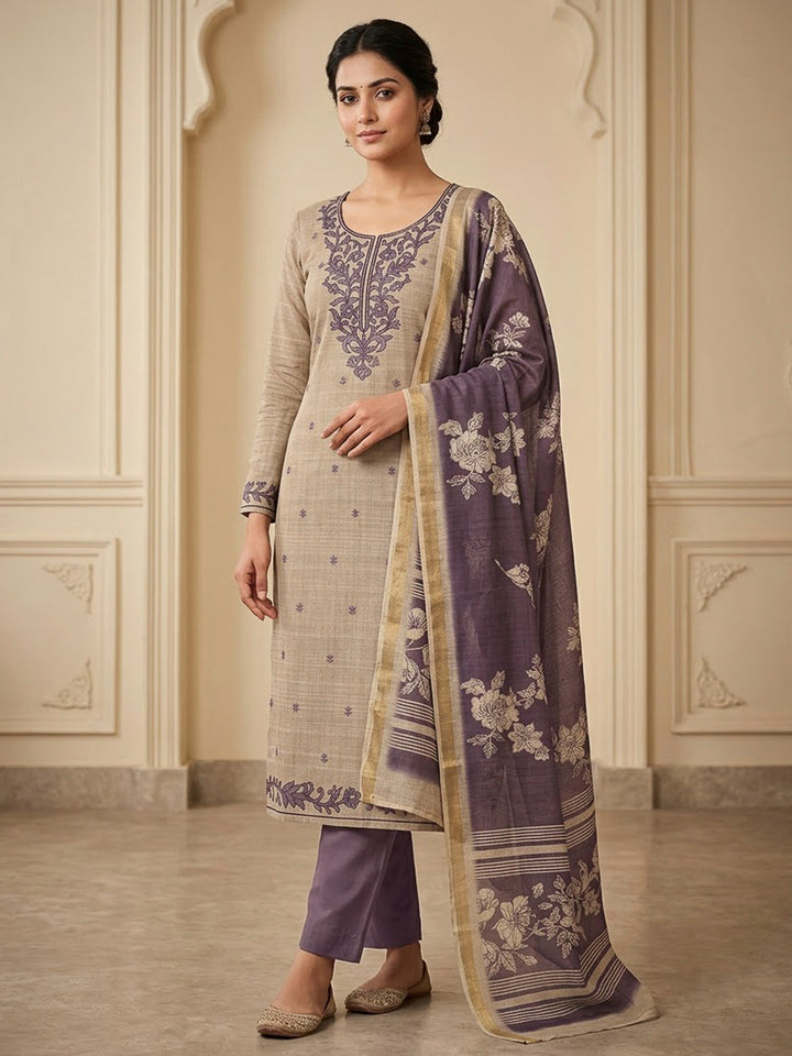 Purple Tussar Embroidered Unstitched Dress Material