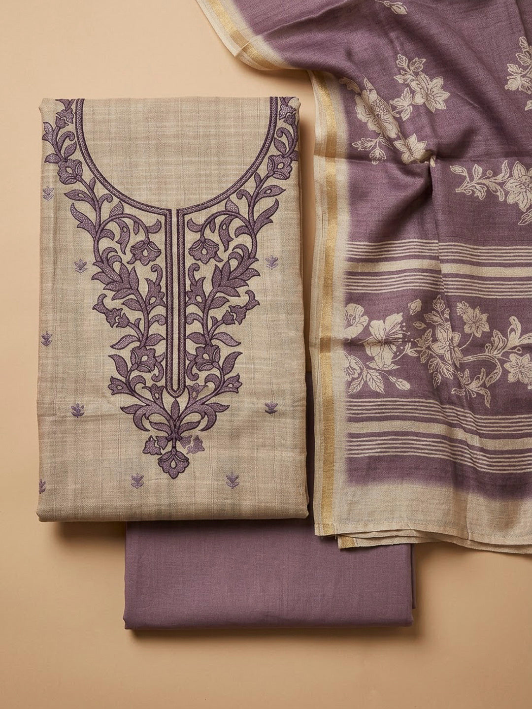 Purple Tussar Embroidered Unstitched Dress Material