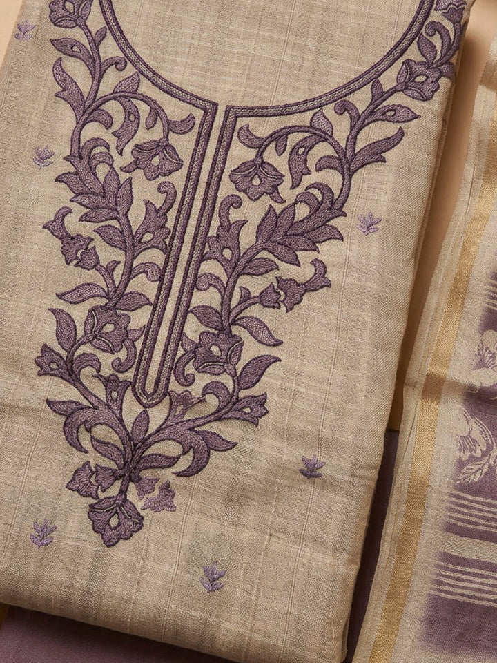Purple Tussar Embroidered Unstitched Dress Material