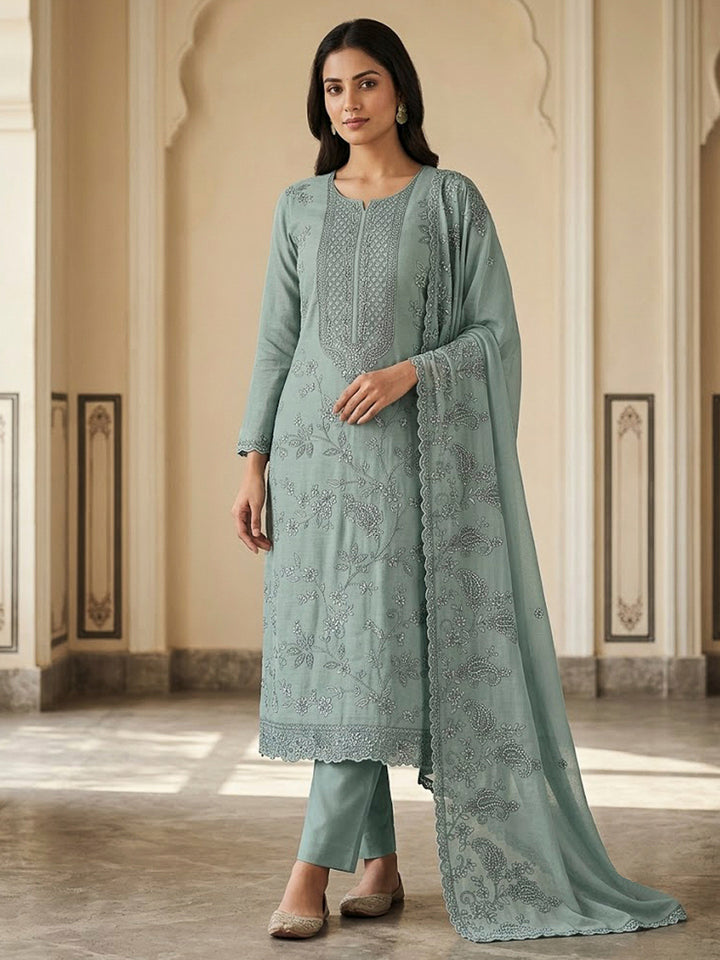 Aqua Chanderi Embroidered Unstitched Dress Material