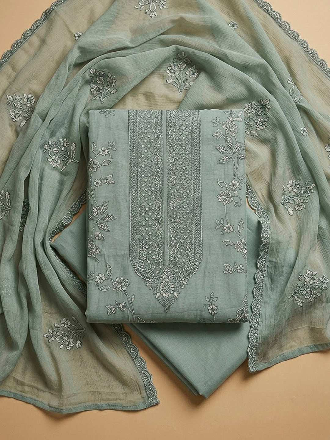 Aqua Chanderi Embroidered Unstitched Dress Material