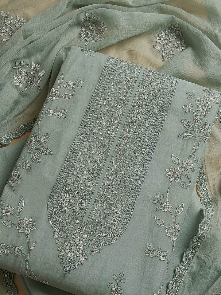 Aqua Chanderi Embroidered Unstitched Dress Material
