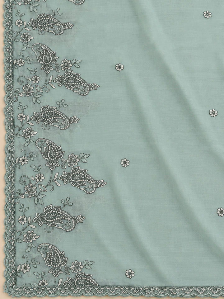 Aqua Chanderi Embroidered Unstitched Dress Material