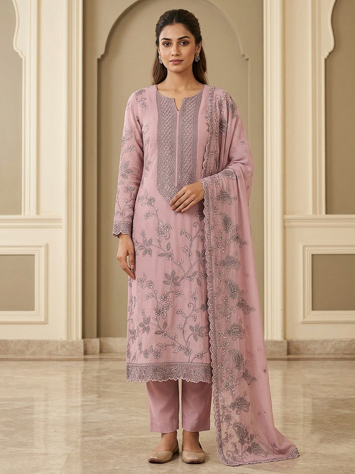 Onion Pink Chanderi Embroidered Unstitched Dress Material