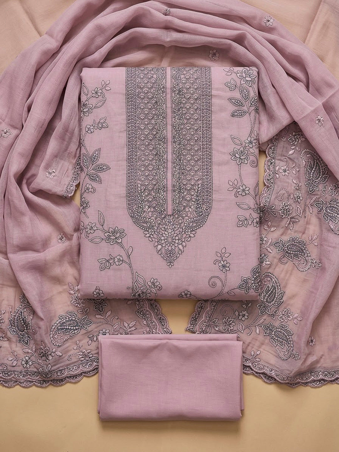 Onion Pink Chanderi Embroidered Unstitched Dress Material