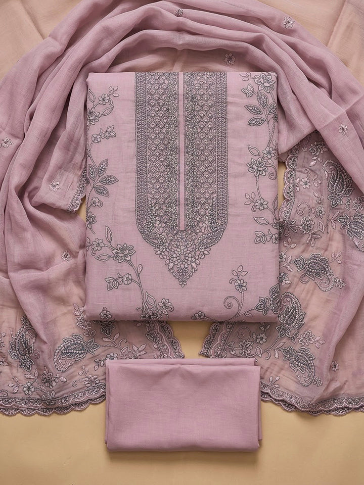 Onion Pink Chanderi Embroidered Unstitched Dress Material