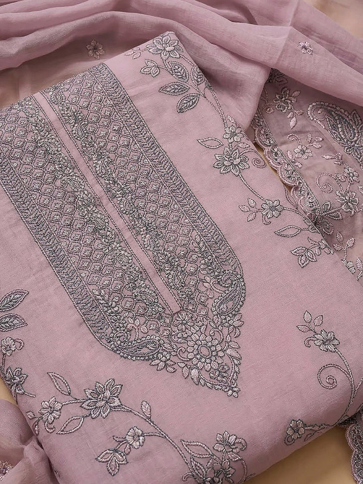 Onion Pink Chanderi Embroidered Unstitched Dress Material