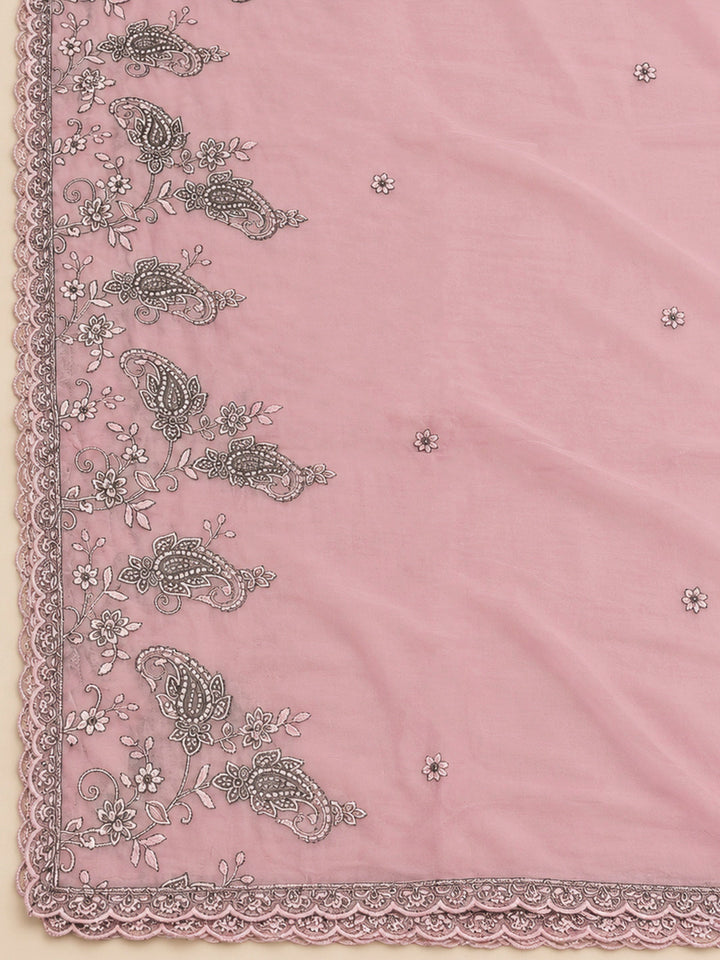 Onion Pink Chanderi Embroidered Unstitched Dress Material