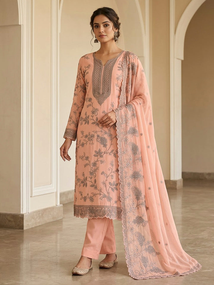 Peach Chanderi Embroidered Unstitched Dress Material