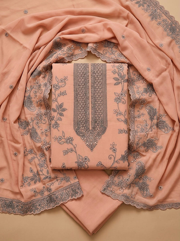 Peach Chanderi Embroidered Unstitched Dress Material