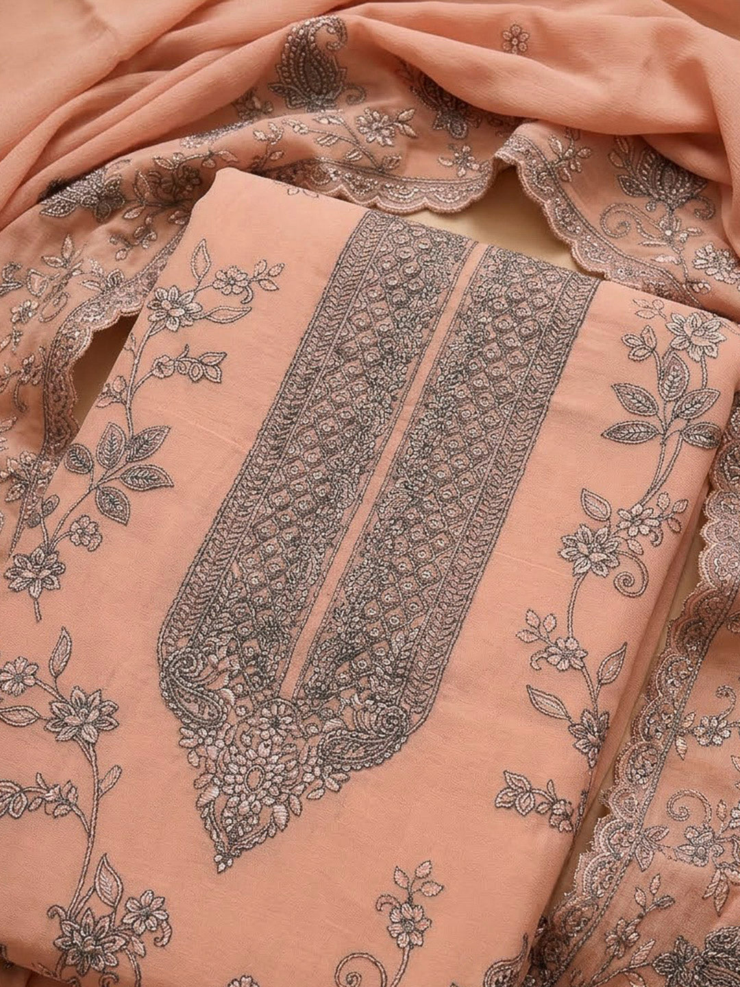 Peach Chanderi Embroidered Unstitched Dress Material