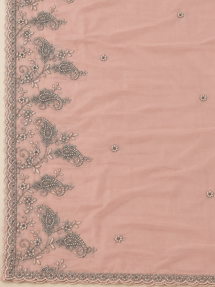 Peach Chanderi Embroidered Unstitched Dress Material