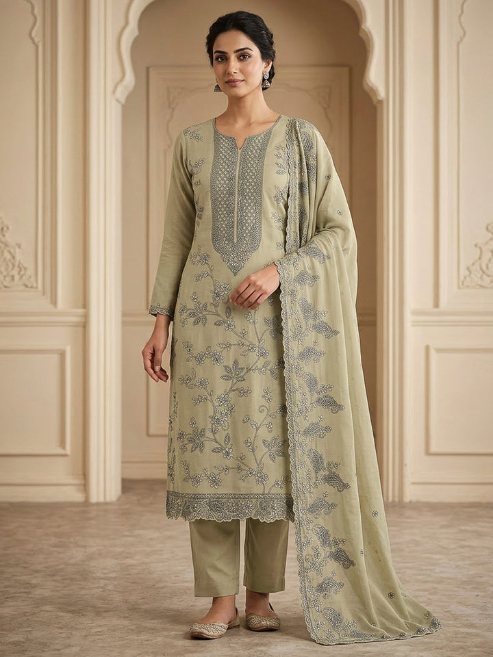 Pista Green Chanderi Embroidered Unstitched Dress Material