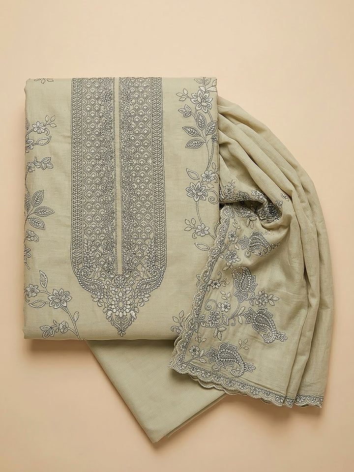 Pista Green Chanderi Embroidered Unstitched Dress Material