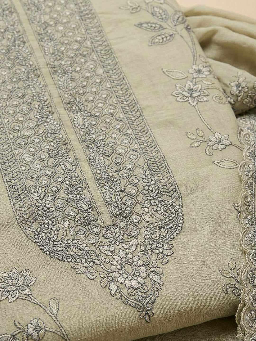 Pista Green Chanderi Embroidered Unstitched Dress Material