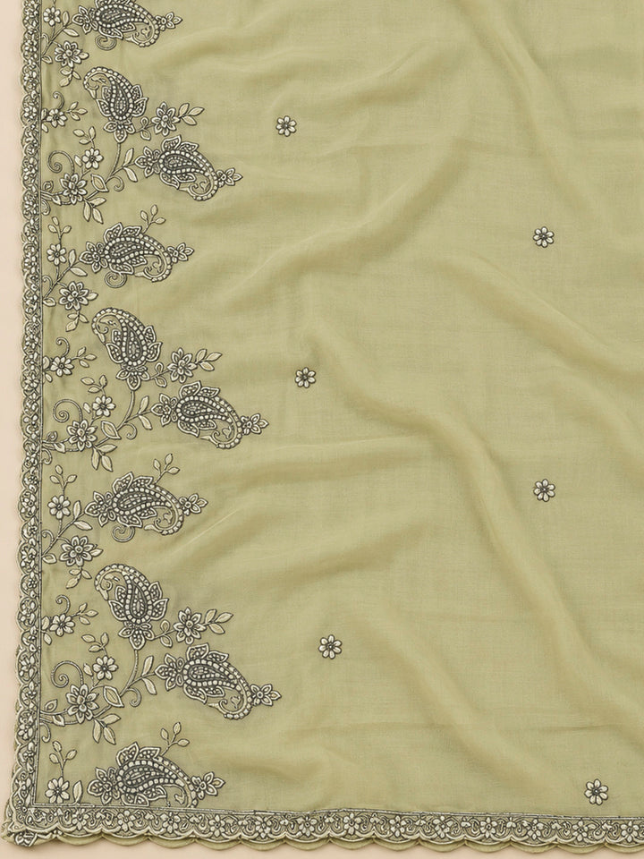 Pista Green Chanderi Embroidered Unstitched Dress Material