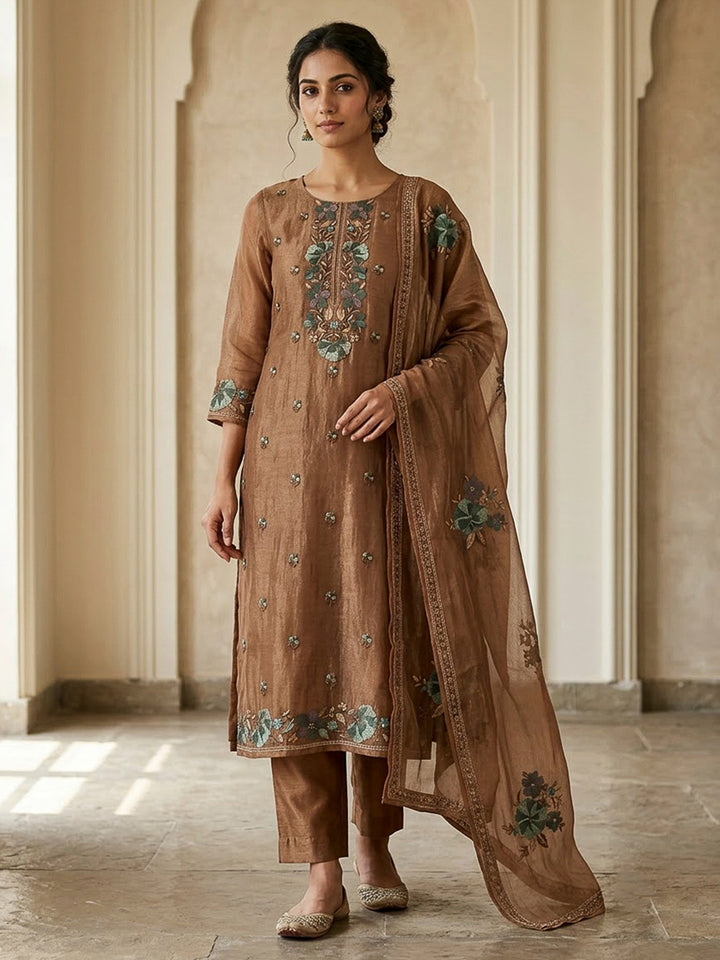 Beige Organza Embroidered Unstitched Dress Material
