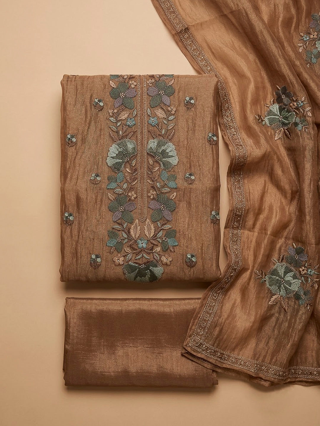 Beige Organza Embroidered Unstitched Dress Material