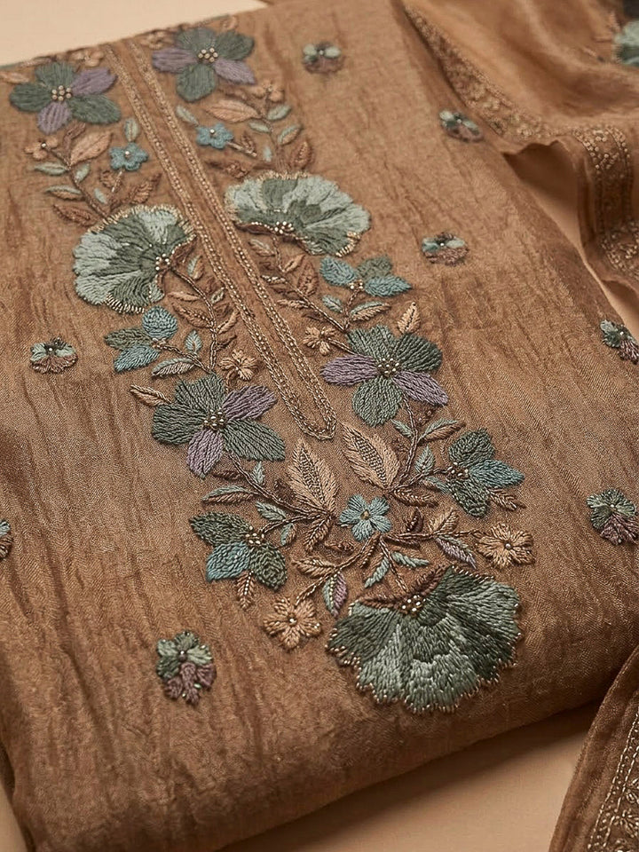 Beige Organza Embroidered Unstitched Dress Material
