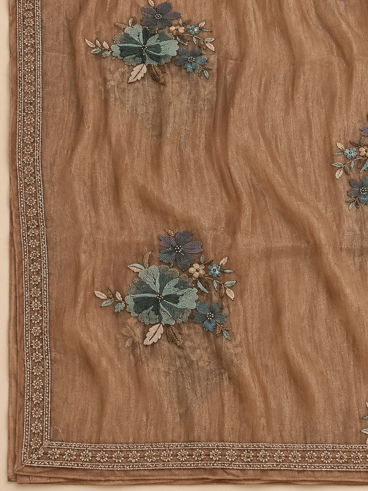 Beige Organza Embroidered Unstitched Dress Material