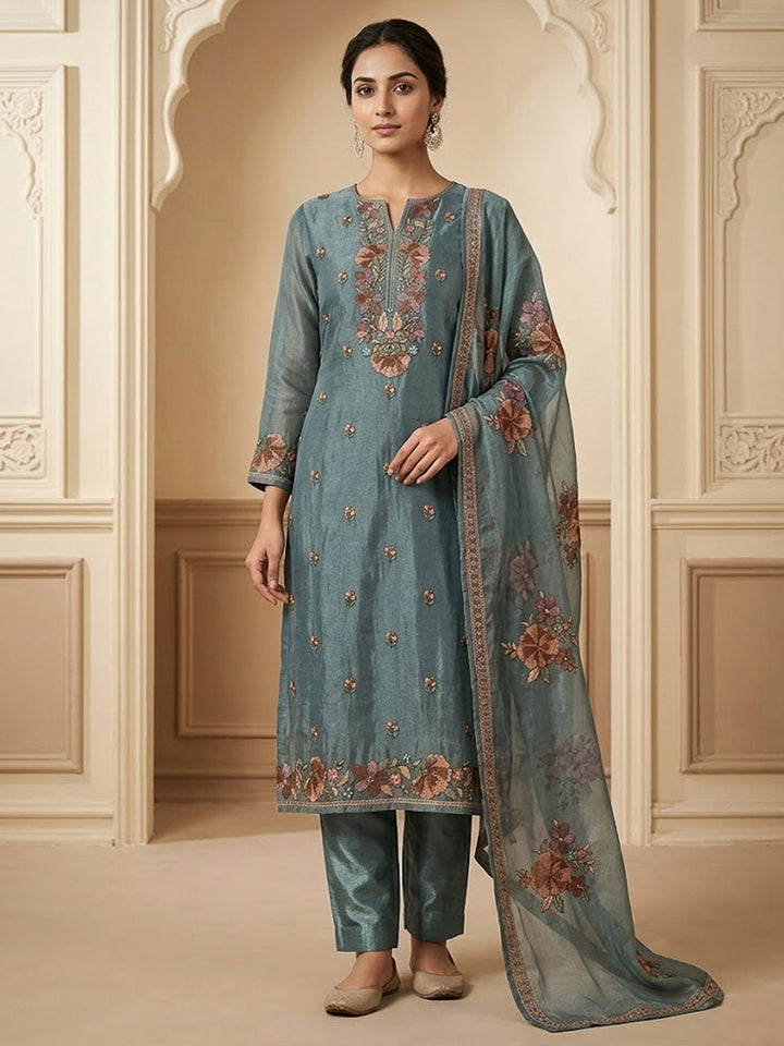 Grey Organza Embroidered Unstitched Dress Material
