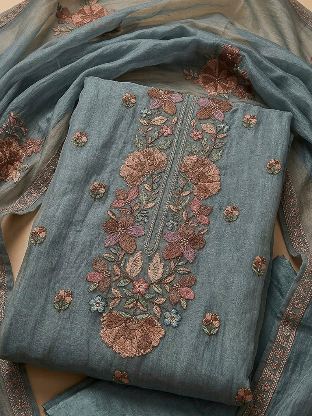 Grey Organza Embroidered Unstitched Dress Material