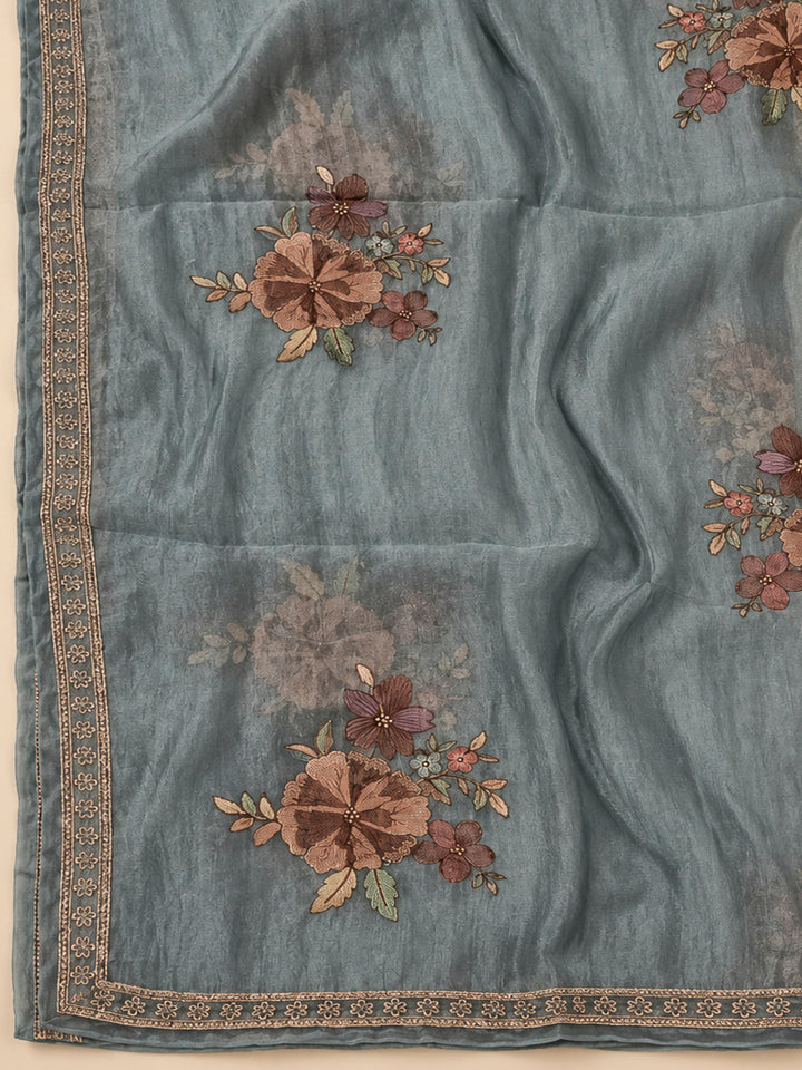 Grey Organza Embroidered Unstitched Dress Material