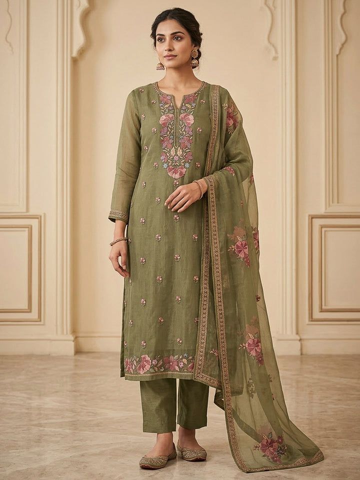 Mehndi Organza Embroidered Unstitched Dress Material