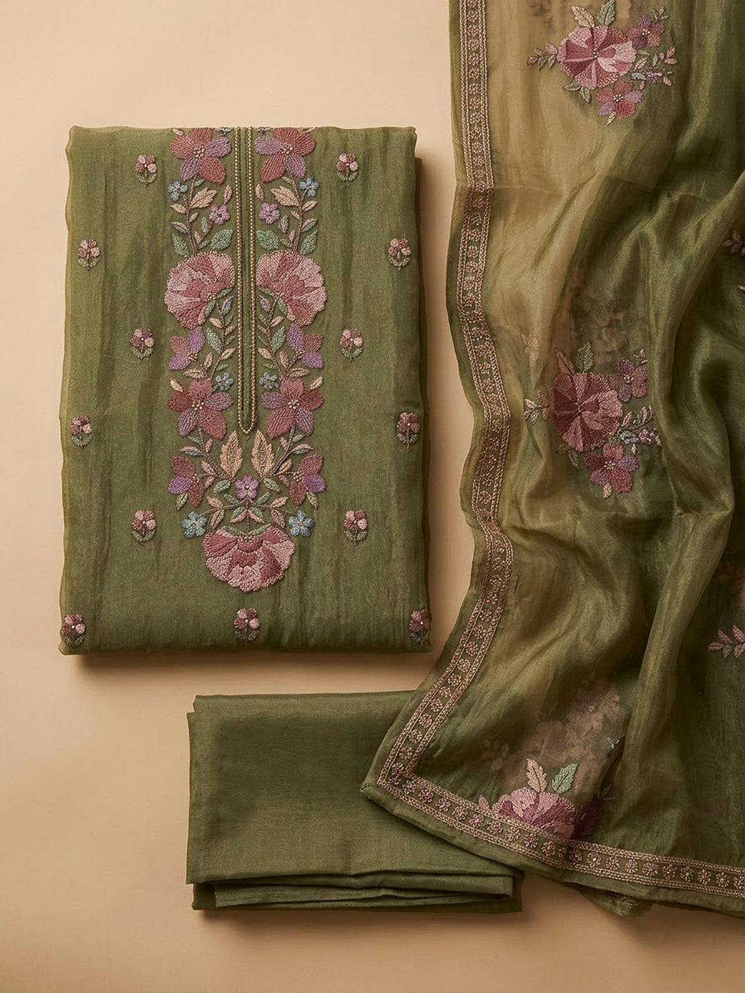 Mehndi Organza Embroidered Unstitched Dress Material