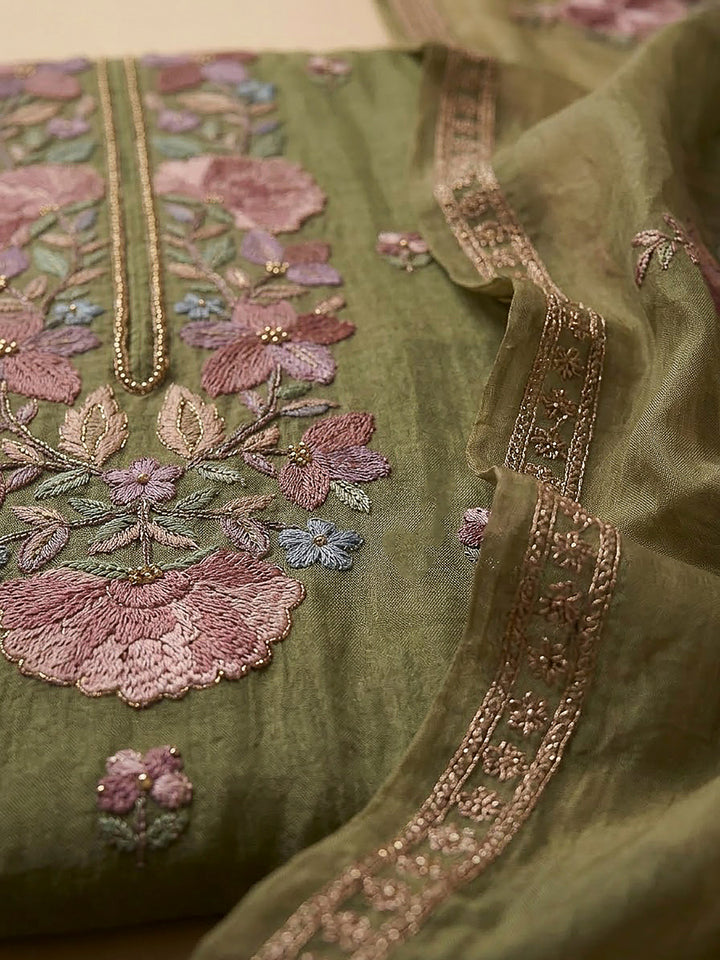 Mehndi Organza Embroidered Unstitched Dress Material