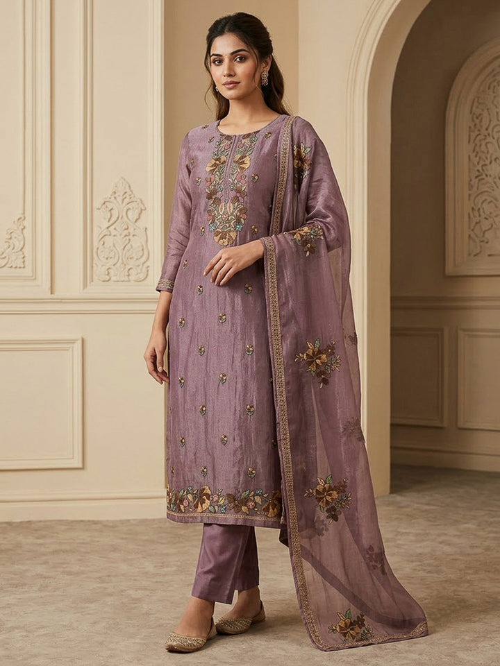 Purple Organza Embroidered Unstitched Dress Material