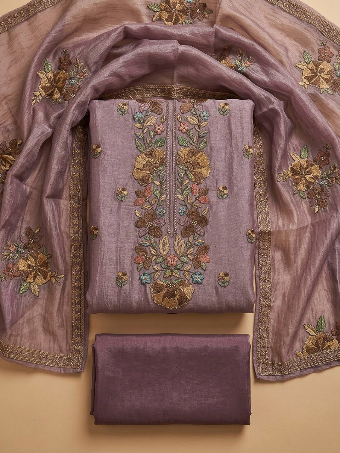 Purple Organza Embroidered Unstitched Dress Material