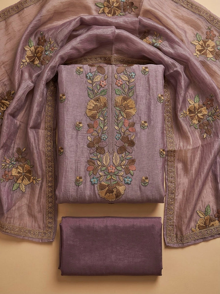 Purple Organza Embroidered Unstitched Dress Material